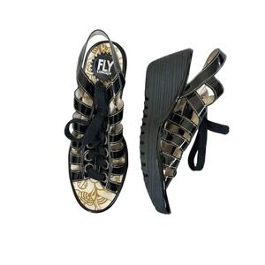 Fly London Yito Lace Up Gladiator Sandals‎ 38/7.5 Black Patent Wedge Shoe